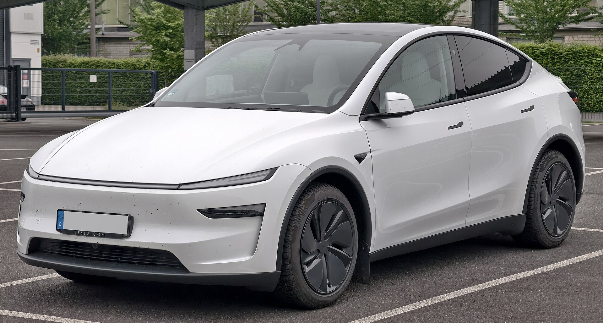 Tesla Model Y official exterior front three-quarter view for export research